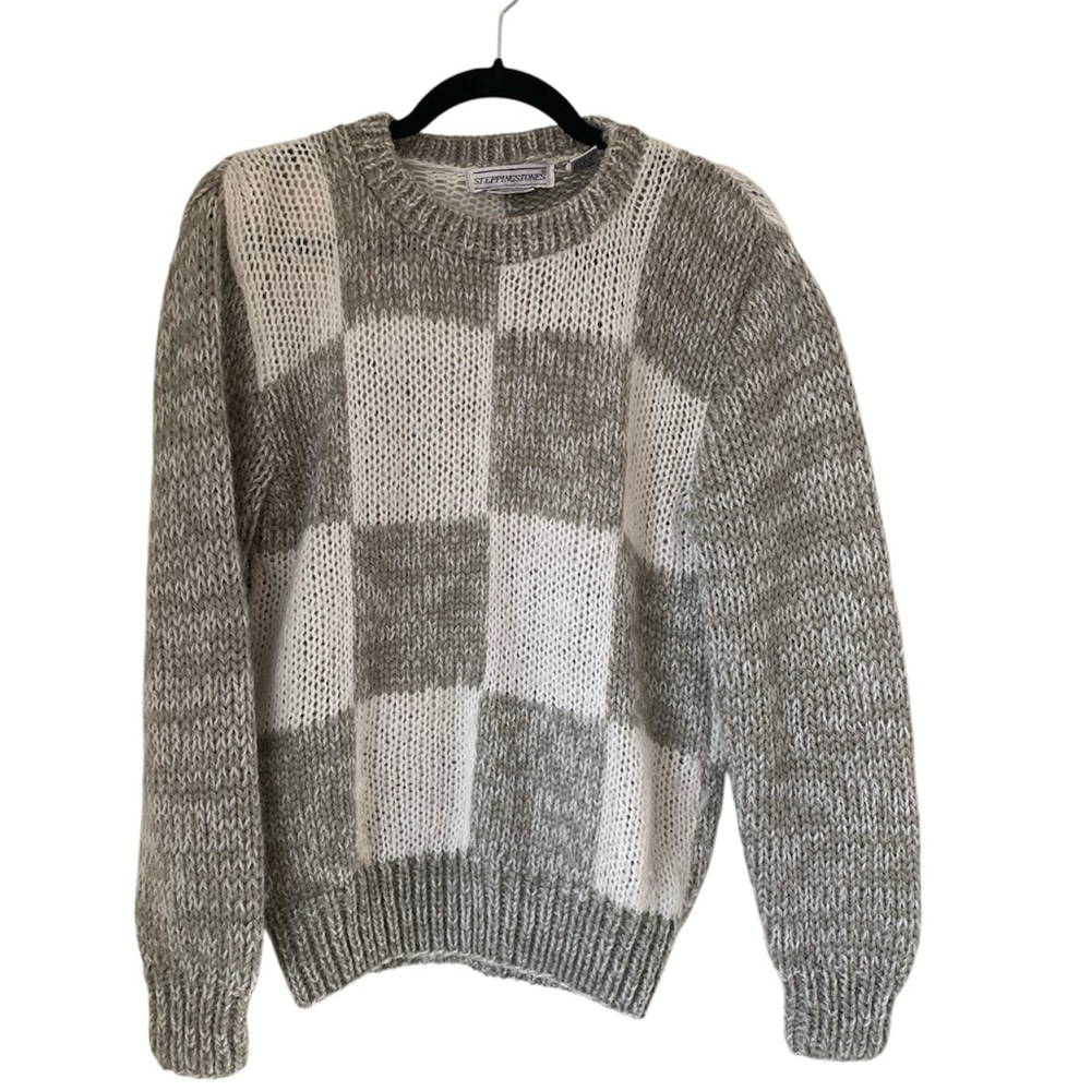 Vtg Steppingstones Sz Medium Grey White Checkered Knit Pullover Hand Knit Womens